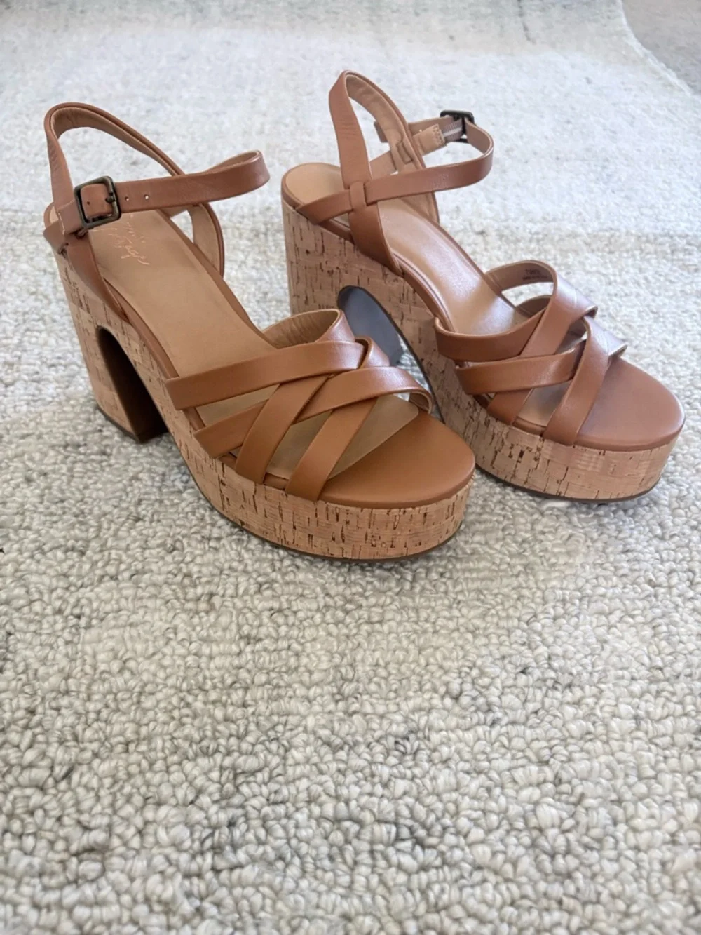 Crown Vintage Tan Strappy Cork Platform Heels